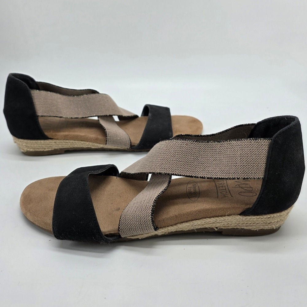 Impo Roley Wedge Sandals Espadrille Strappy Stretch Black Taupe Memory Foam 6.5M